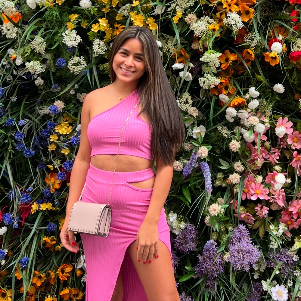 Pink Ribbed One-Shoulder Crop Top and Skirt Set